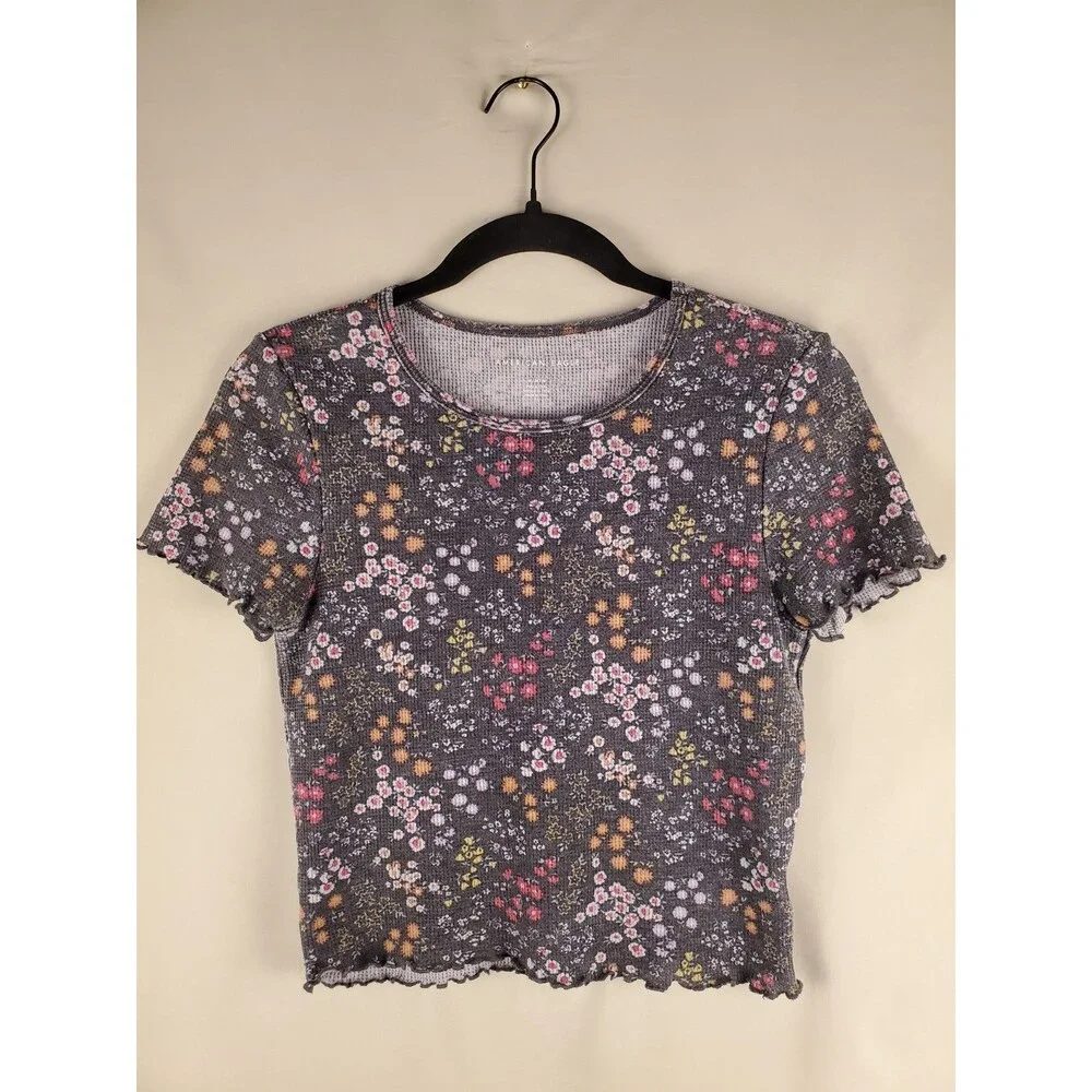 American Eagle Womens Y2K Style Floral Baby Tee Sz M Ribbed Crop - Picture 1 of 8